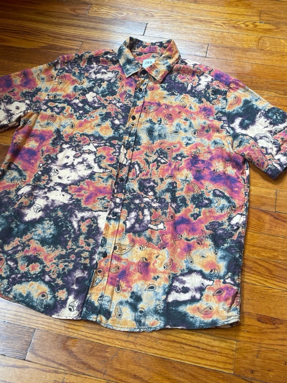 Zara Multicolor Tie-Dye Short Sleeve Button-Up Shirt - Orange Black Pink Cream